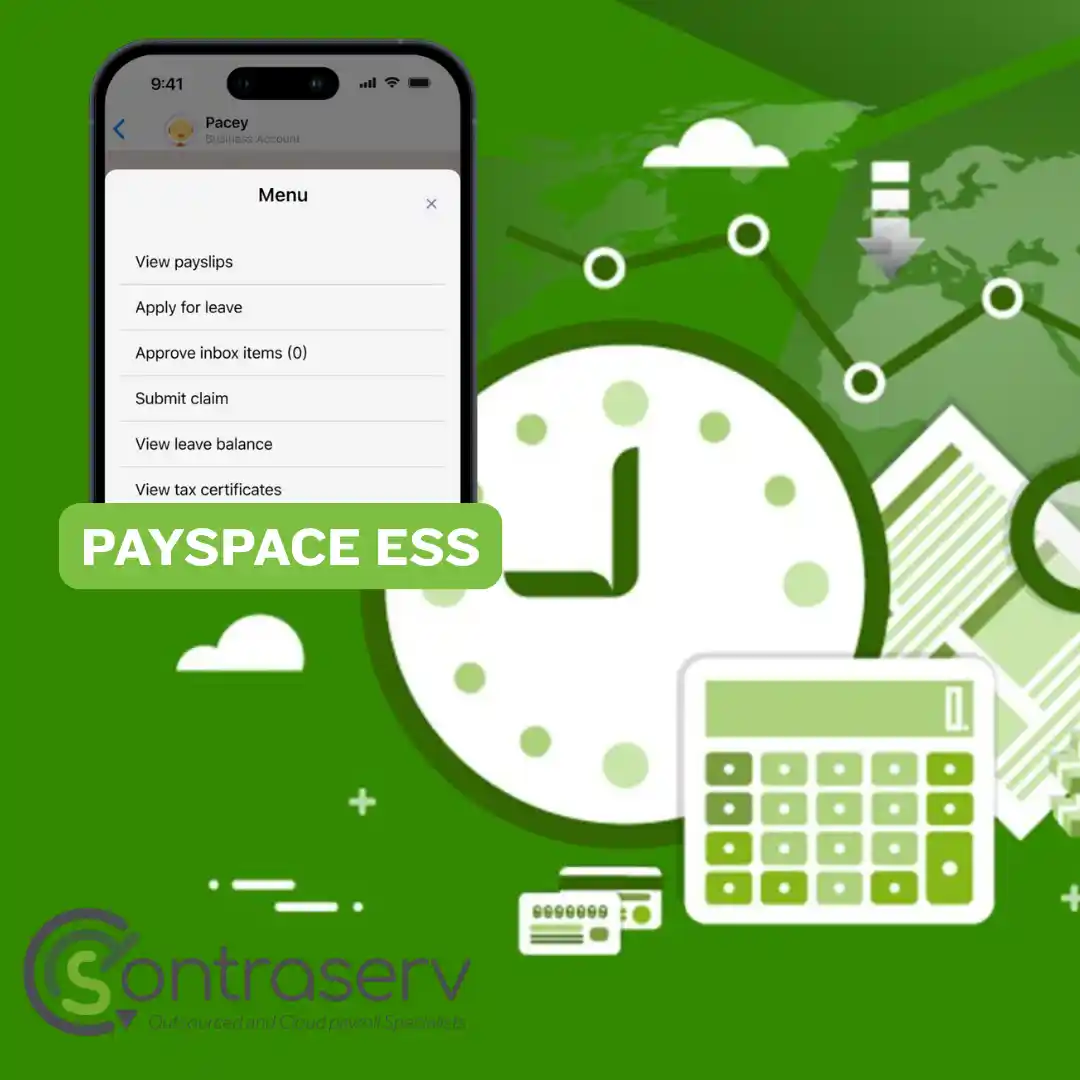 A cell phone screen displaying a dropdown menu of the PaySpace Deel WhatsApp Pacey Chatbot ESS: e.g., View Payslips, Apply for Leave, and Submit Claim. Contraserv Payroll Specialists, South Africa, KZN