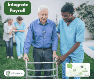 Happy nursing staff helping residents walk outside. Contraserv payroll services ensure employees are paid on time. South Africa