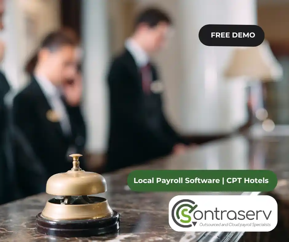 south-african-payroll-software-tourism Hotel staff working at a reception desk with internal administrative tasks handled by South African payroll software for small business: Services and support from Contraserv Payroll Specialist.