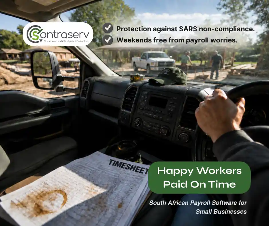 Durban handyman service owner sitting in a bakkie reviewing messy coffee-stained paper timesheets highlighting the benefits of integrated South African payroll software for small business.